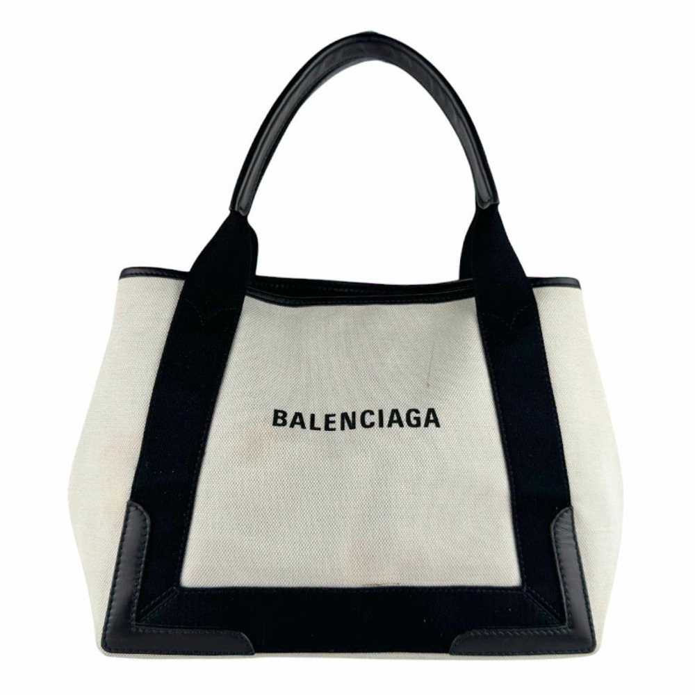 Balenciaga Handbag Tote Bag Navy Blue Cabas Canvas Leather Black Ivory White